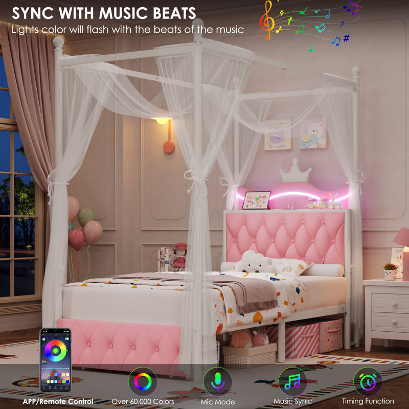Crown-Style Upholstered Metal Canopy Storage Bed With LED Light,Charging Port, Twin, Pink