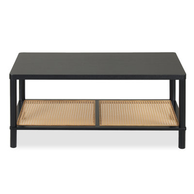 2-Tier Boho Coffee Table for, Rectangular Center Table with Rubber Wood Frame Black
