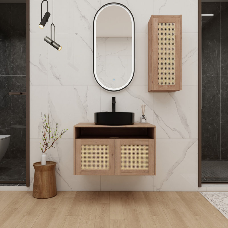 Meuble-lavabo de salle de bain avec lavabo d'art en céramique, porte à fermeture en douceur, conception à fixation flottante, contreplaqué