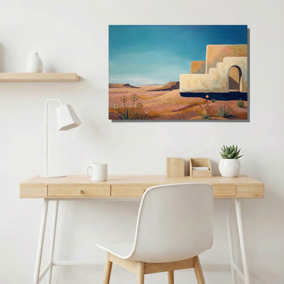 Adobe Building In Desert Landscape With Spiral Flowers Canvas Wall Art