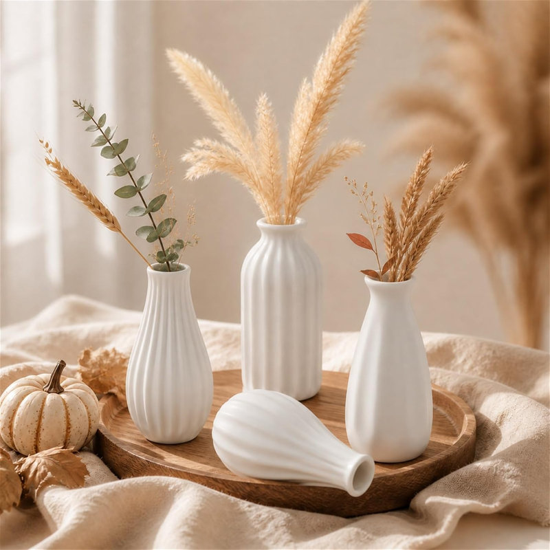 NUPTIO Small White Ceramic Vase: 4 Pcs Decorative Flower Bud Vases Set