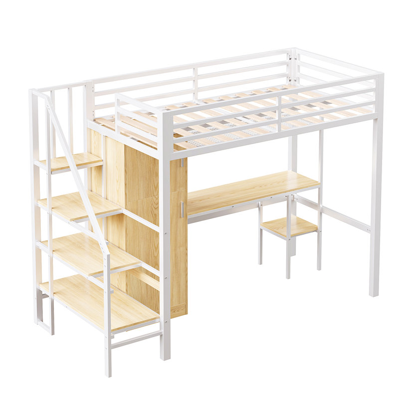 Lit mezzanine en métal avec garde-robe, bureau et étagère de rangement ouverte, Blanc