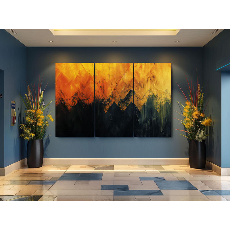 Art mural sur toile Triptych - ensemble de toiles abstraites Fiery Triptyque - art mural géométrique orange noir audacieux pour les intérieurs modernes