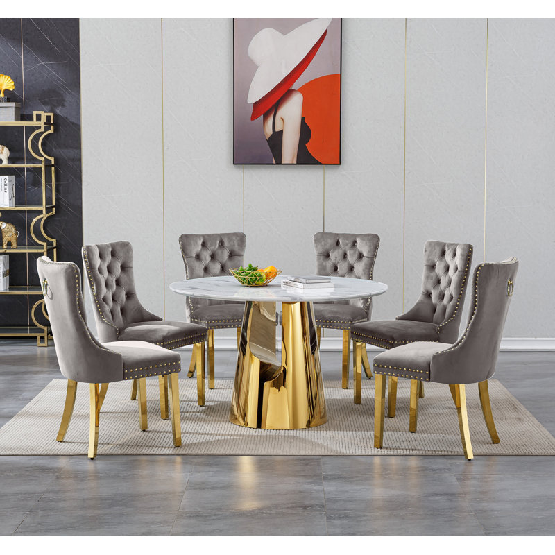 Dining Table Set, 45" Round Marble Dining Table with Velvet Dining Chairs, Circle Kitchen Table Set with Base, Dining Room Table and Chairs Set