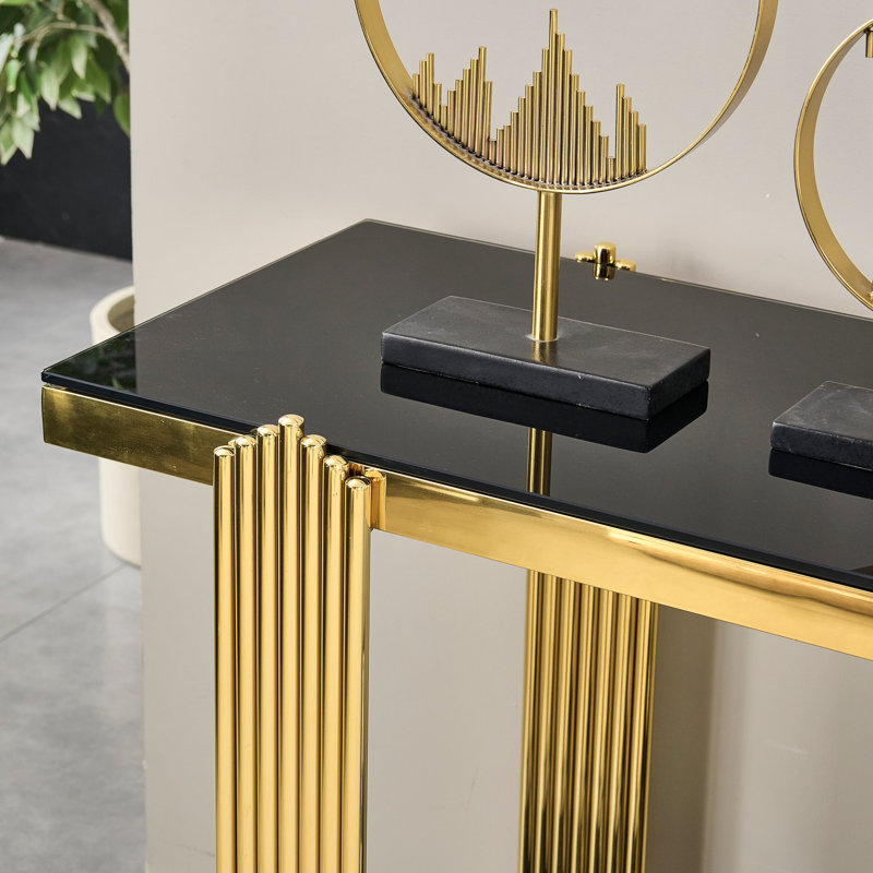 Console en miroir 55 po avec tablettes en verre trempé à 2 niveaux et structure en acier inoxydable, Gold
