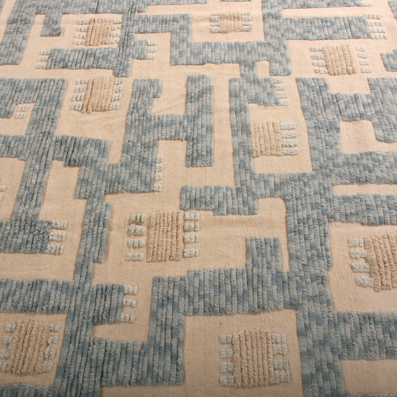 Rug & Kilim's Scandinavian Geometric Cream & Blue Wool Pile Rug, Rectangle 5' x 8'