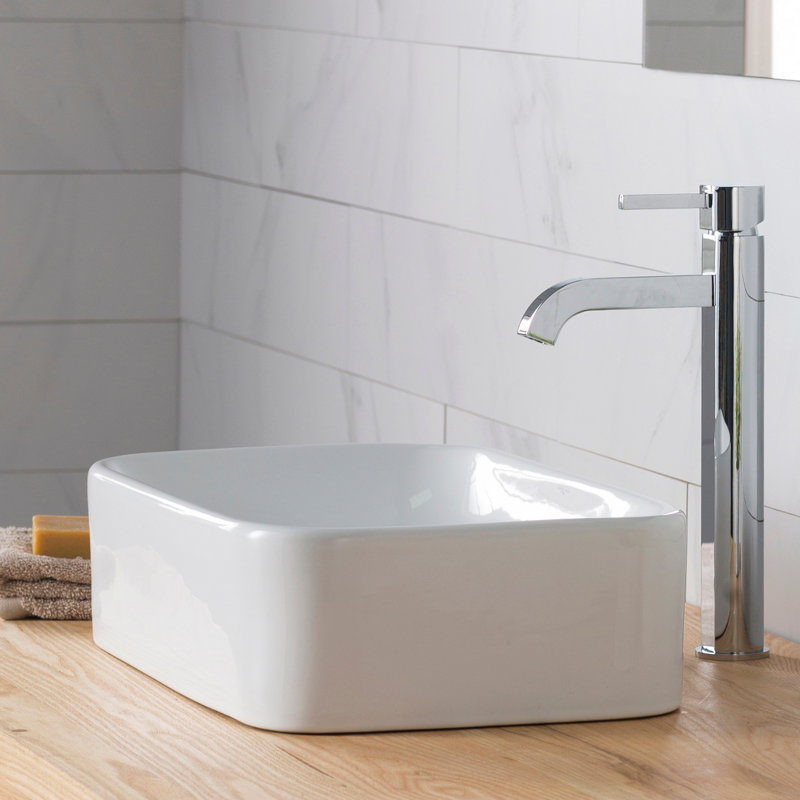 Ceramic Rectangular Vessel Bathroom Sink with Faucet, Chrome