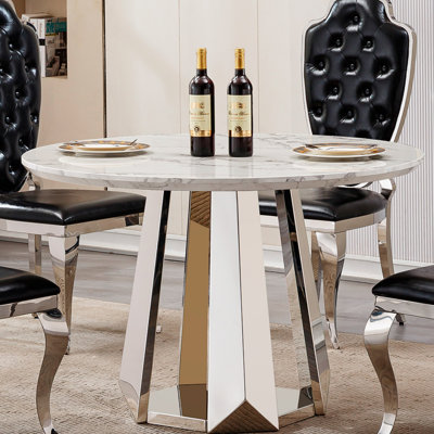 Table de salle à manger ronde moderne de 119 cm (47 po) avec dessus en faux marbre et base stable en acier, idéale pour les repas de famille, le bureau, les conférences et les repas à l'huile.