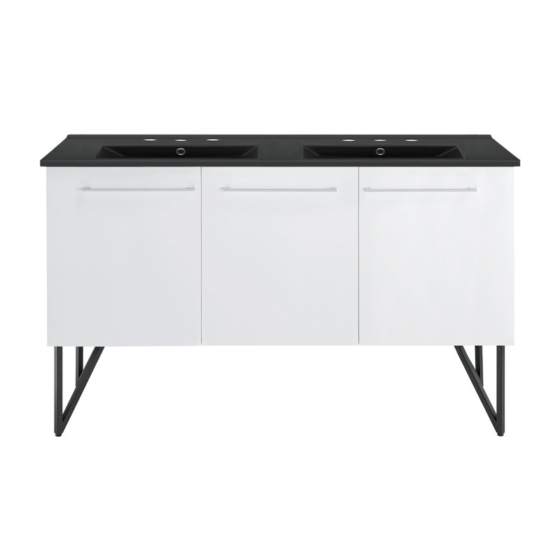 Meuble-lavabo à double cuve 60 po avec plateau en pierre artificielle noire à 3 trous Annécy, Blanc