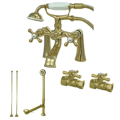 Kingston Brass Vintage Two-Handle 2-Hole Deck Mount Clawfoot Tub Faucet Package with Supply Line, Hand Shower and Tub Drain
