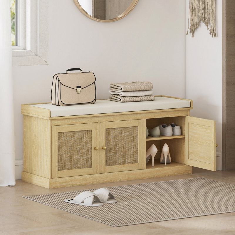 Banc de rangement pour chaussures avec rotin tissé, banc pour chaussures avec coussin, tablettes réglables, banc d'entrée pour chambre à coucher, salon