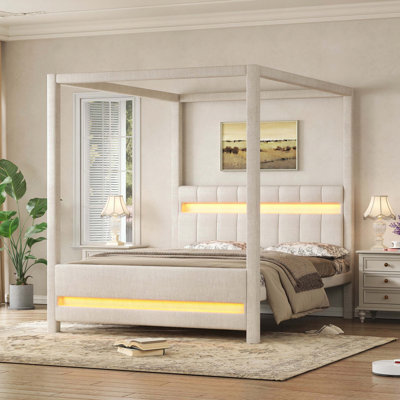 Grand lit plateforme à baldaquin tapissier avec lumières DEL