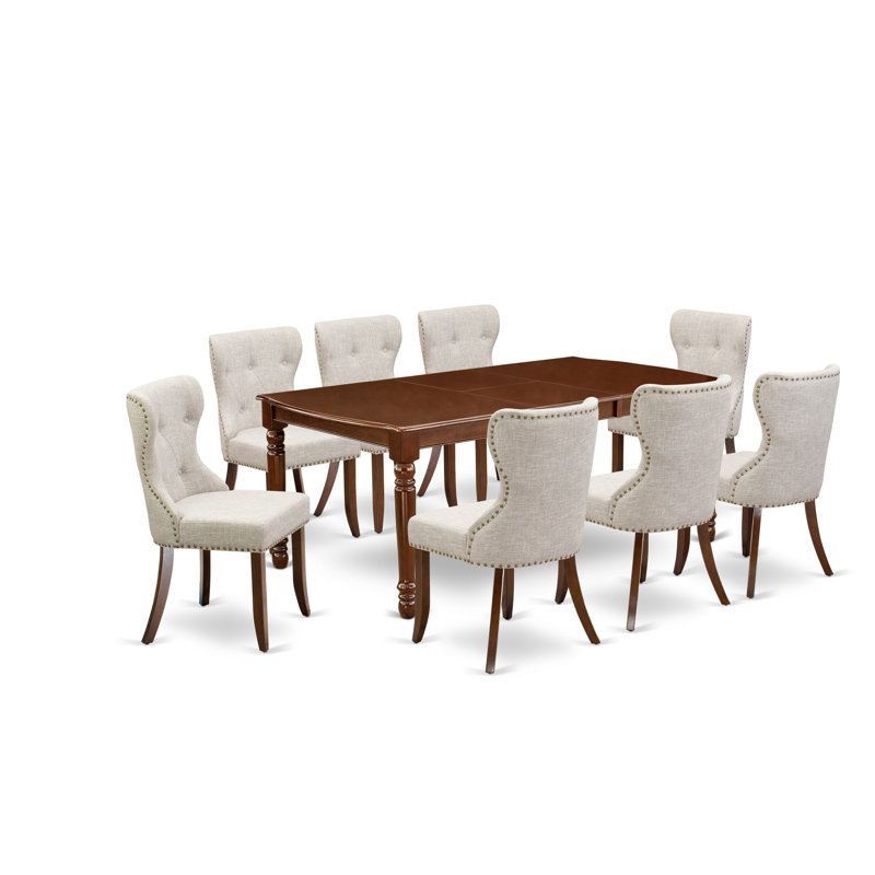 L'ensemble de table de salle à manger 9 pièces comprend une table de salle à manger rectangulaire avec des feuilles de papillons et 8 chaises Parsons en tissu de lin, acajou