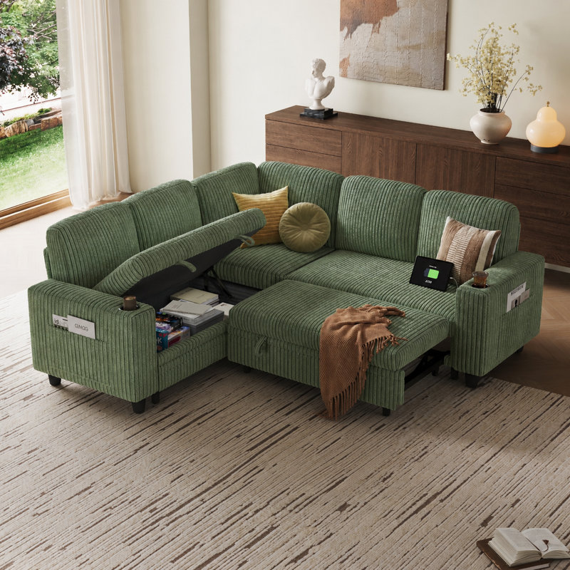 Sherry 81'' Upholstered Modular Sectionals with Pull-out Sofa, Storage Chaise, USB Charging & Cup Holders, Bella Forest Green