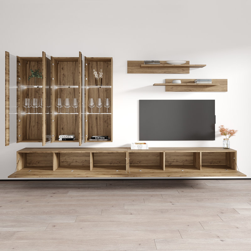 Vredenburgh 126" Modern Floating Wall Mounted Entertainment Center with 16-Color LED Lighting, High Gloss Finish, Oak