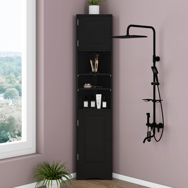 Armoire de rangement d'angle, haute avec 2 portes et 3 tablettes, tablettes réglables, tablette ouverte pour la salle de bain, la cuisine et le salon