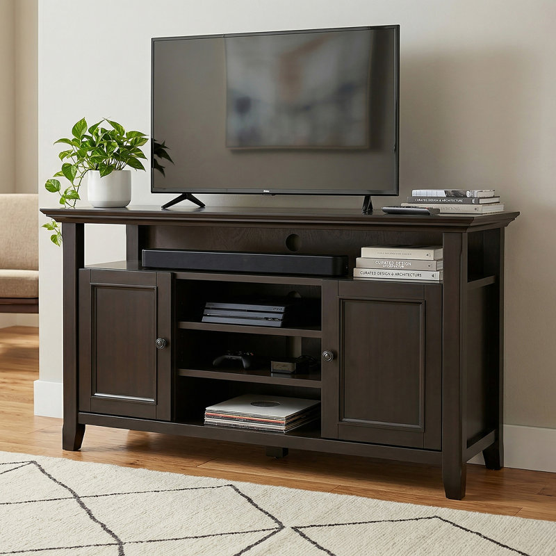 Amherst 54"W Solid Wood Transitional TV Stand for TVs up to 60" with 2 Cabinets and Adjustable Shelves, Dark Brown