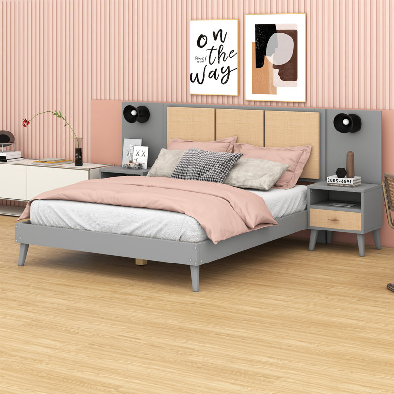 Structure de lit en bois avec 2 tables de chevet et design élégant avec lampes, Gris