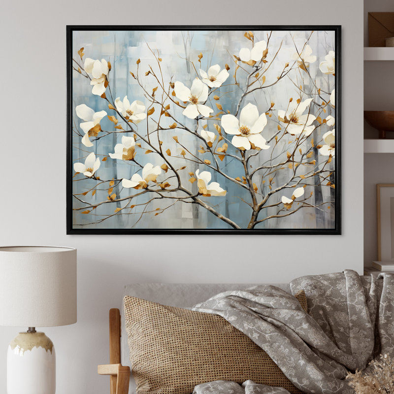 «White Dogwood Blossom Dreams I», reproduction sur toile, Cadre flottant blanc, H 16 po x l 32 po x P 1 po
