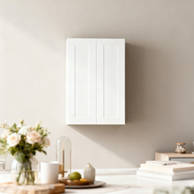 Armoire murale 24 po à deux portes en bois massif blanc avec 3 tablettes réglables prêtes à assembler pour la cuisine, la salle de bain, la buanderie et le garage (l 24 po x P 12 po x H 42 po)
