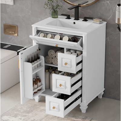Meuble-lavabo de 24 po avec lavabo, meuble-lavabo autoportant blanc avec tiroir rabattable, 3 tiroirs et armoire de rangement, bois massif et panneau de fibres à densité moyenne, comptoir de lavabo en céramique