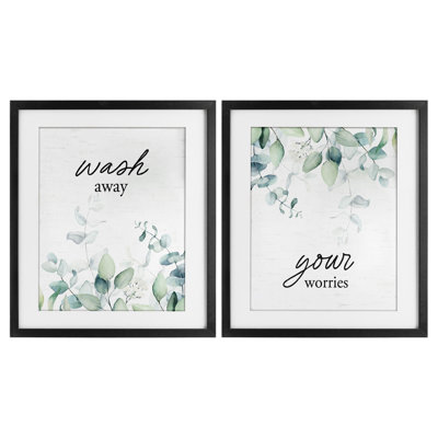 «Wash Away Your Worries Leaves», ensemble de 2 reproductions encadrées sous verre, lettré et doublé
