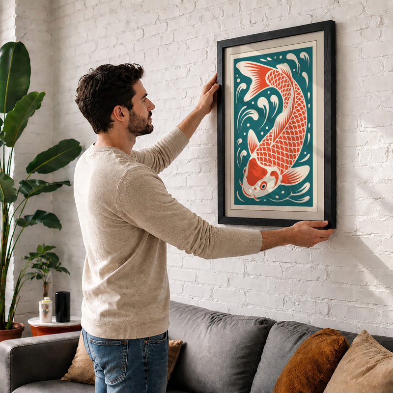 Flowing Koi Japandi - Framed Print, A1 - 84.1 x 59.4 cm, Black