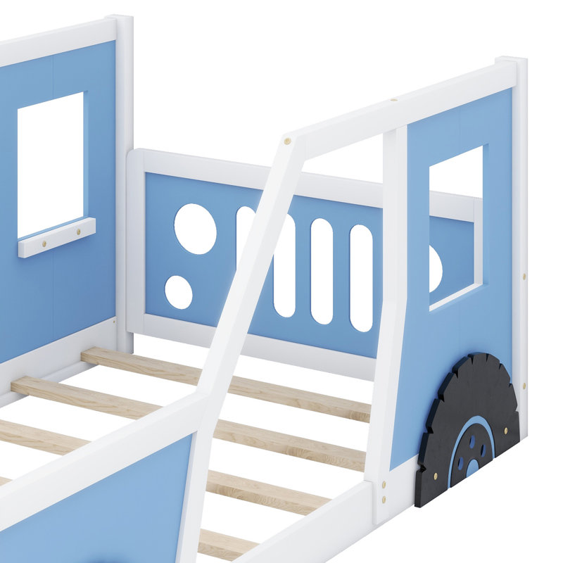 Lit plateforme simple en forme de voiture avec roulettes, structure de lit de voiture en bois pour garçons, Bleu