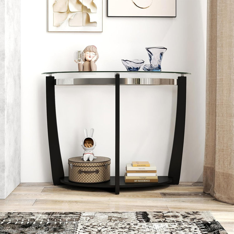 Console en verre à 2 niveaux pour hall d'entrée en demi-lune