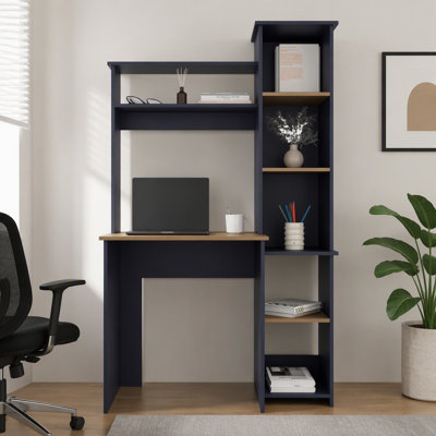 Bureau d'ordinateur avec tablette et bibliothèque latérale, bureau moderne pour bureau à domicile avec rangement, coloris Kronos bleu et chêne naturel