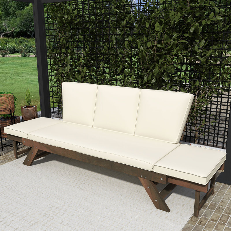 Outdoor Adjustable Acacia Wood Daybed, Beige, Brown
