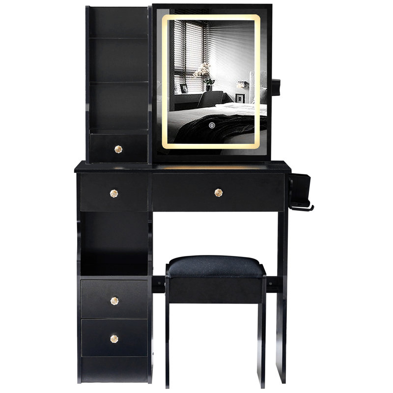 Versatile Desktop Vanity Table With Advanced Power Station And Comfortable Stool, Black