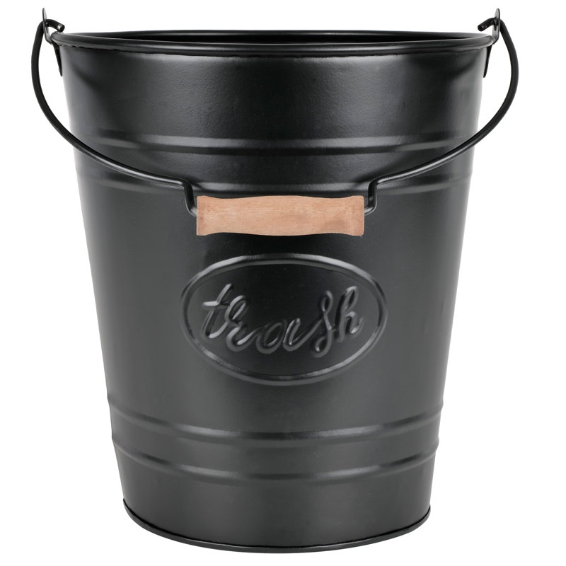 Matte Black Galvanized Metal Trash Can with Wooden Handle