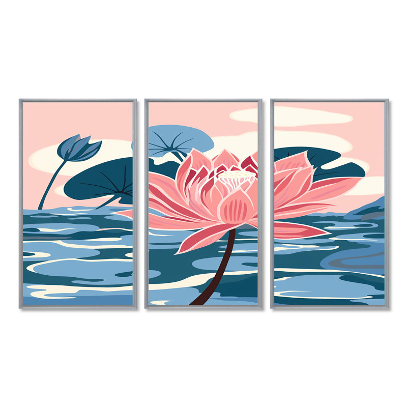 Fleur de lotus rose sur un étang bleu - ensemble d'impression d'art mural lotus, Encadrement argenté