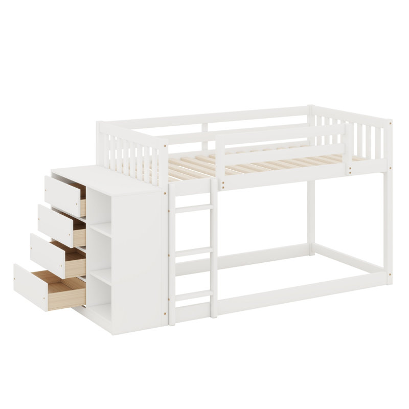 Lit superposé compact équipé de quatre tiroirs de rangement et d'étagères de rangement polyvalentes., Blanc