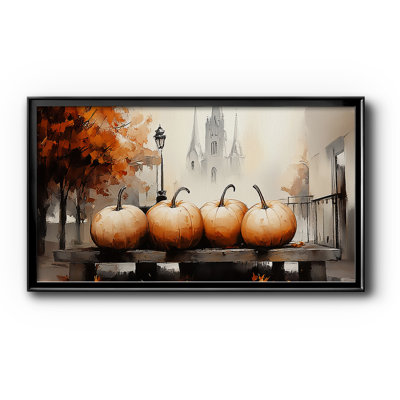 Automne, citrouilles d'automne sur un banc avec art encadré sur toile - Fêtes de Noël - Série botanique CLxxxi, ouverture 16 x 32 dans un cadre noir, extérieur 19 x 35
