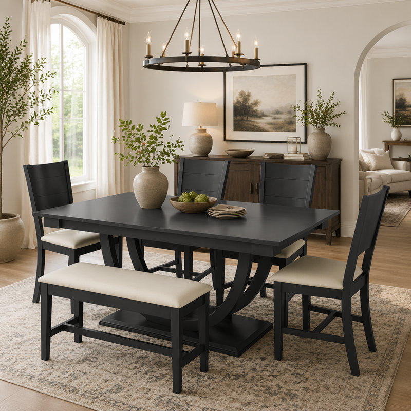 Ensemble de 6 tables de salle à manger en bois 6 pièces avec banc long et 4 chaises, style moderne, gris, Gris, Black, Black
