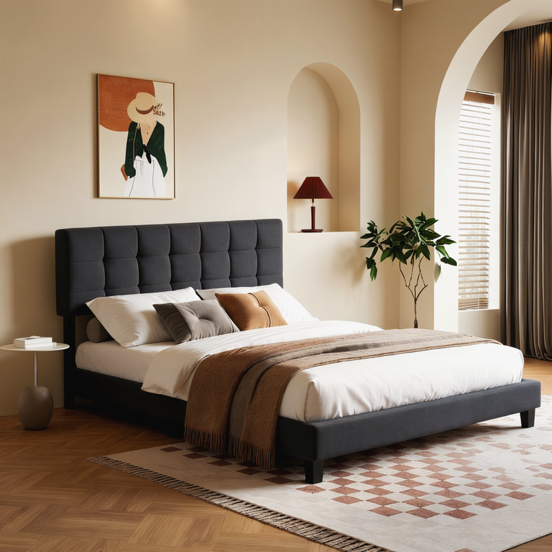 Lit tapissier grand avec tête de lit rembourrée, tissu en lin, assemblage facile, Grand lit, Gris