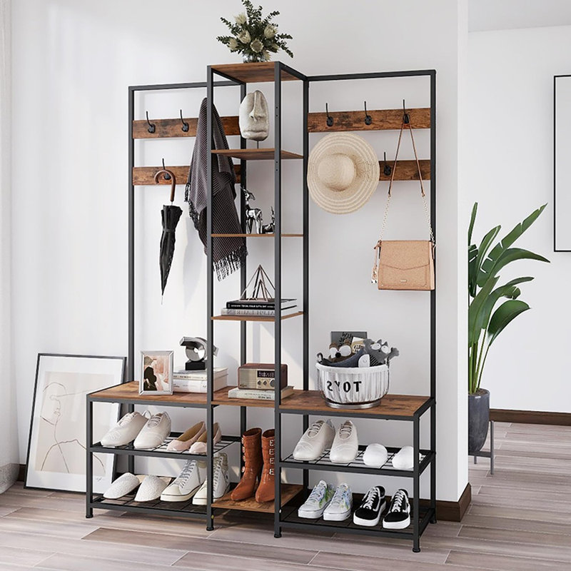 Corner Hall Tree With Shoe Rack Storage Bench Display Ope...