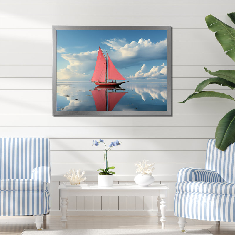 Voilier rouge arctique, tranquillité I sur toile, Cadre simple argenté, H 24 po x l 32 po x P 1 po
