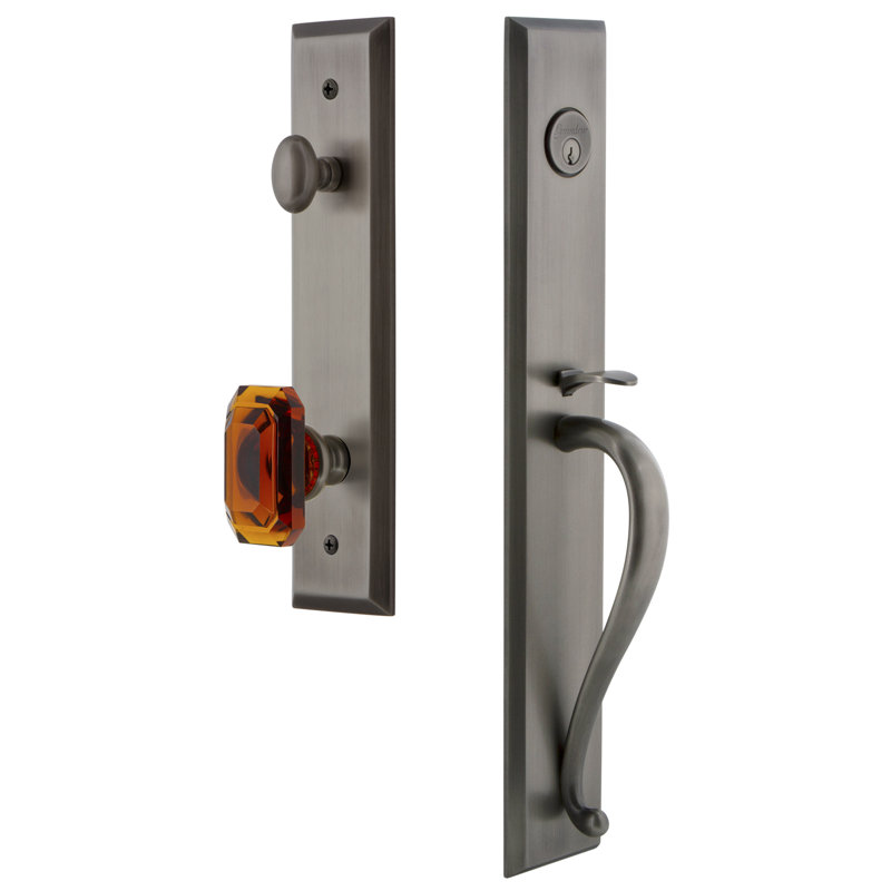 Fifth Avenue One-Piece Dummy Handleset with S Grip and Baguette Amber Knob, Antique Pewter