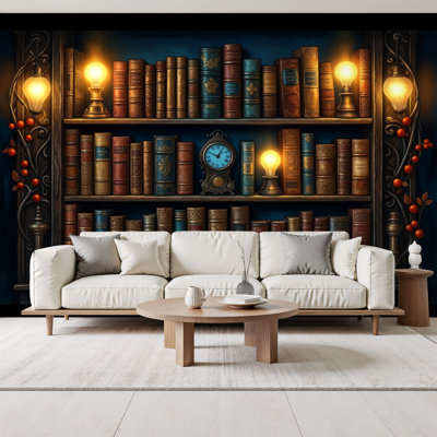 Magic Peel and Stick Wallpaper Vintage Library Bookshelf Antique Leather Books Ornate Clock Wall Murals 69"H x 96"W Removable PVC Wall Paper Self-Adhesive Wall Decor for Bedroom Living Room Home Office Nursery
