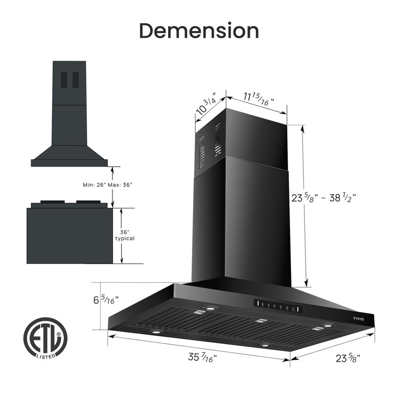 VIKIO 36" 600 CFM Convertible Island Range Hood In Stainless Steel With LEDS, Charcoal Filter And Gesture Control, Black
