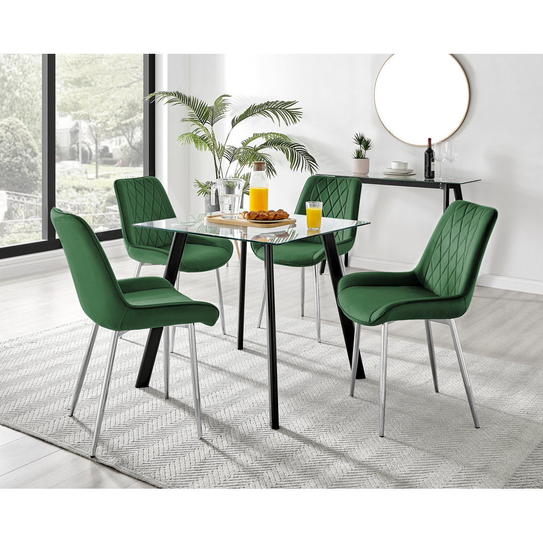 Scandinavian Style Glass and Metal Leg Square Dining Table Set - 4 Modern Velvet Dining Chairs