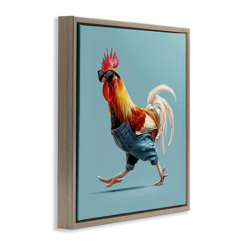 Cadre flottant Rooster Run avec lunettes de soleil, design par Jim Baldwin, H 18 po x l 18 po, Cadre flottant orme Montalcino