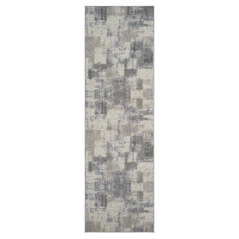 8' Gray And Beige Abstract Distressed Runner Rug