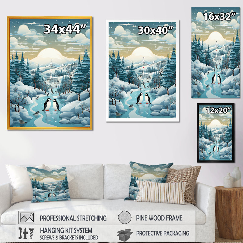 Forêt d'hiver bleue et blanche - art mural forêt, Cadre flottant brun, H 32 po x l 24 po x P 1 po
