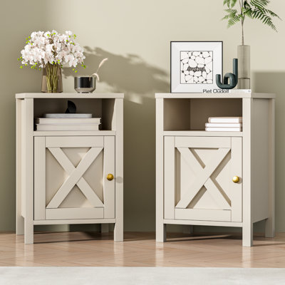 Modern Farmhouse Apricot Storage Nightstand With Barn Door And Open Shelf