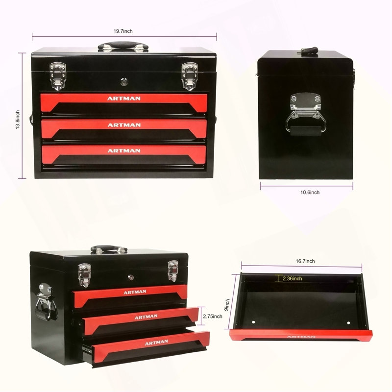 Boîte à outils 20 po à 3 tiroirs avec fermeture en métal, noir et rouge