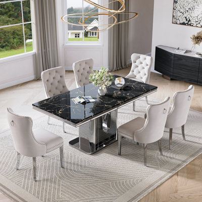 7 Piece Dining Table Set, Modern Faux Marble Dining Table Set For 6, 70.08" Luxury Dinning Table With With 6 Velvet Chairs, Kitchen Dining Room Sets For Dinner Dinette Breakfast Banquet